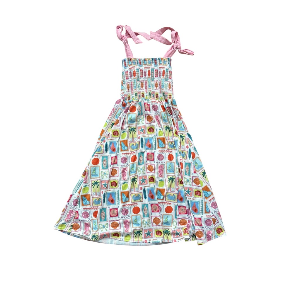 Abby & Evie Dress Kids White Tropical Stamp Smocked Tie Shoulder SIZE S